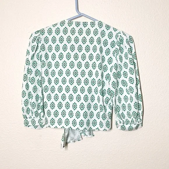 Sandro Namal Printed Crop Top 1 Small Waist Tie 3/4 Balloon Sleeve White Green - Picture 5 of 7